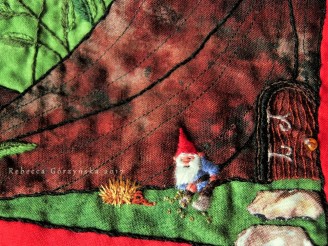 Embroidered gnome and hedgehog, stepping stones cut from printed fabric, fine topstitching on trunk done by machine, thick lines whipped backstitch.