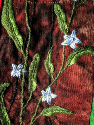 Campanula detail. Silk floss is glossier than cotton.